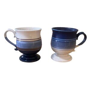2 Stoneware Blue White Horizontal Stripes Footed Mug Made in Japan Excellent